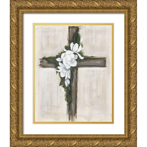 Magnolia Flowered Cross Gold Ornate Wood Framed Art Print with Double Matting by Hollihocks Art