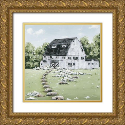 White Barn in the Field   Gold Ornate Wood Framed Art Print with Double Matting by Hollihocks Art
