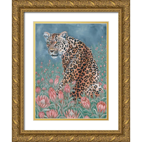 Leopard in the Flowers Gold Ornate Wood Framed Art Print with Double Matting by Hollihocks Art
