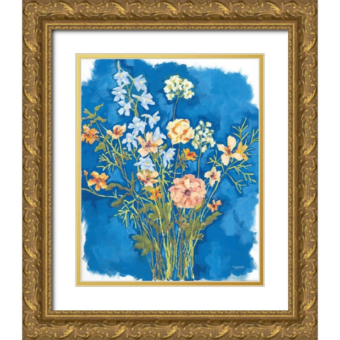 Flowers on Blue Gold Ornate Wood Framed Art Print with Double Matting by Holden, Jennifer