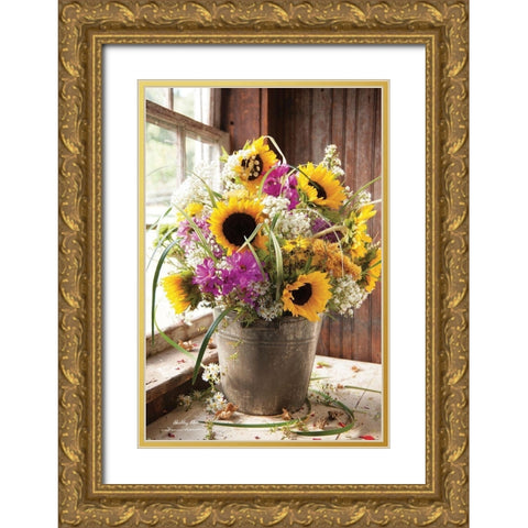 Wildflowers in Bucket Gold Ornate Wood Framed Art Print with Double Matting by Hoover, Irvin