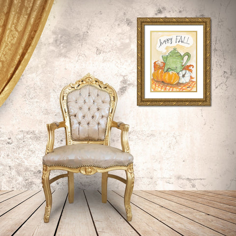 Happy Fall Coffee Pot Gold Ornate Wood Framed Art Print with Double Matting by Mingo, Jessica