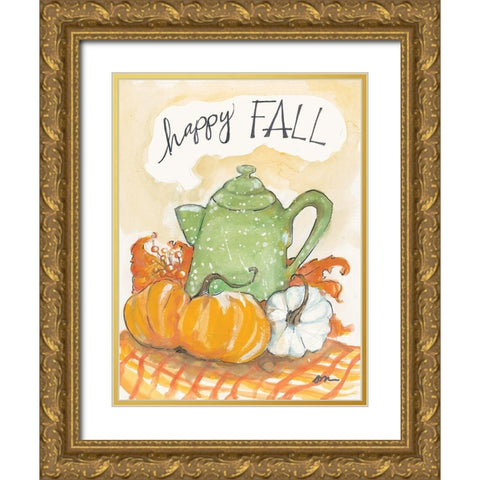 Happy Fall Coffee Pot Gold Ornate Wood Framed Art Print with Double Matting by Mingo, Jessica