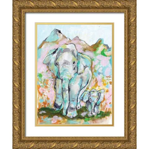 Elephant Stroll Gold Ornate Wood Framed Art Print with Double Matting by Mingo, Jessica
