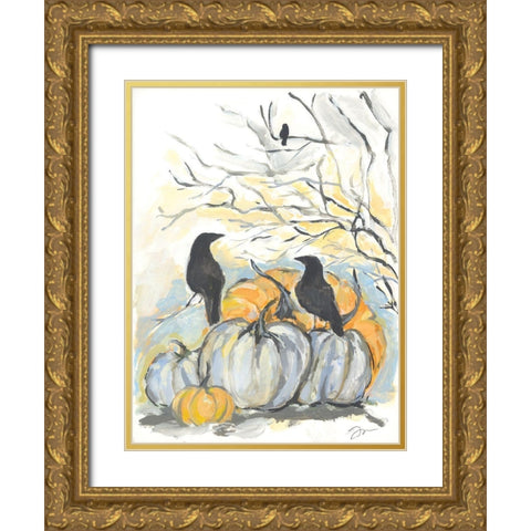 Crows in the Pumpkin Patch Gold Ornate Wood Framed Art Print with Double Matting by Mingo, Jessica