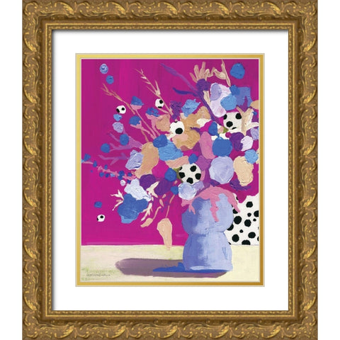 Magenta Polka Dot Floral Gold Ornate Wood Framed Art Print with Double Matting by Kamdon Kreations