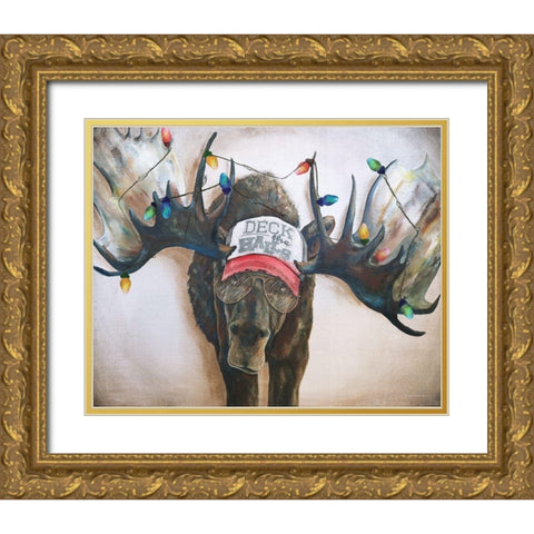 Deck the Halls Moose Gold Ornate Wood Framed Art Print with Double Matting by Kamdon Kreations