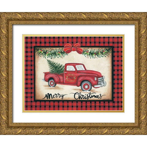 Merry Christmas Truck Gold Ornate Wood Framed Art Print with Double Matting by Kennedy, Lisa