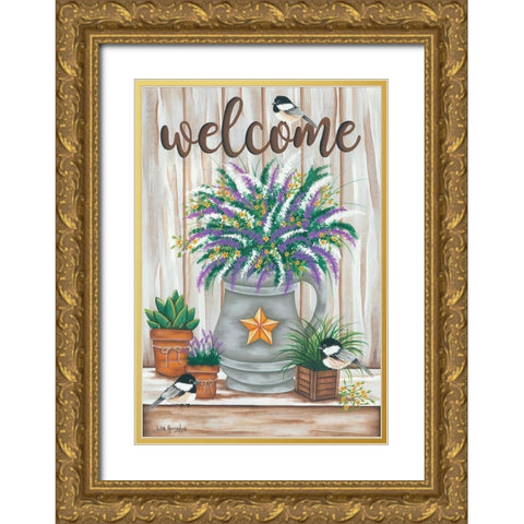 Chickadee Welcome Gold Ornate Wood Framed Art Print with Double Matting by Kennedy, Lisa