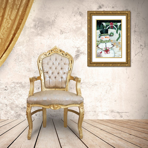 Trellis And Snowman Gold Ornate Wood Framed Art Print with Double Matting by Kennedy, Lisa