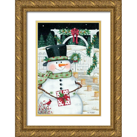 Trellis And Snowman Gold Ornate Wood Framed Art Print with Double Matting by Kennedy, Lisa