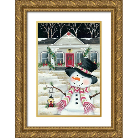 Front Porch And Snowman Gold Ornate Wood Framed Art Print with Double Matting by Kennedy, Lisa