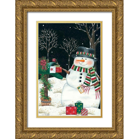 Mailbox And Snowman Gold Ornate Wood Framed Art Print with Double Matting by Kennedy, Lisa