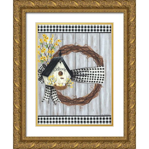 Spring Welcome Wreath Gold Ornate Wood Framed Art Print with Double Matting by Kennedy, Lisa