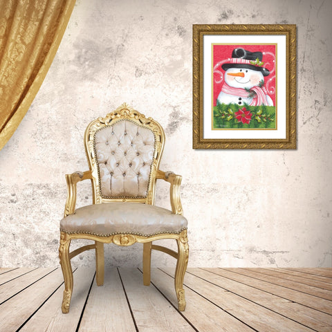 Snowman And Poinsettia Gold Ornate Wood Framed Art Print with Double Matting by Kennedy, Lisa