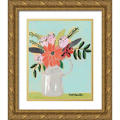 Bouquet on Robins Egg   Gold Ornate Wood Framed Art Print with Double Matting by Roberts, Kait