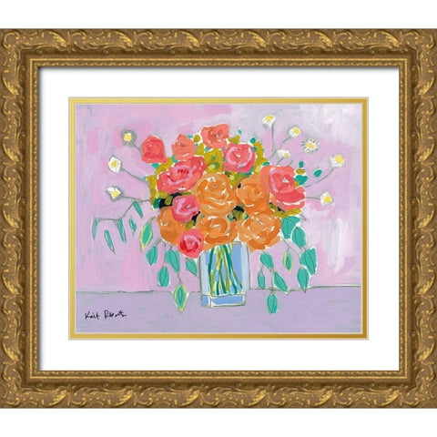 Tea Roses on Lavender Gold Ornate Wood Framed Art Print with Double Matting by Roberts, Kati