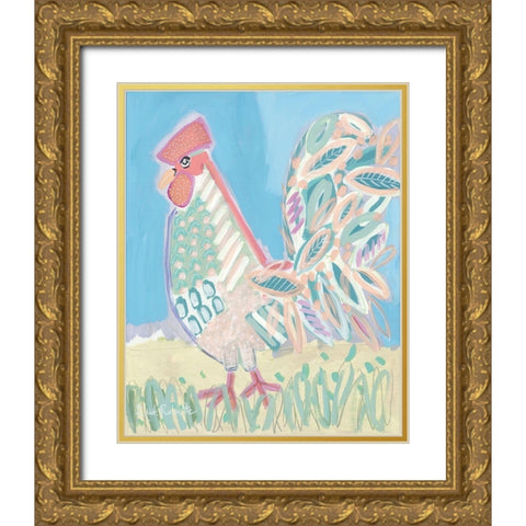 Pastel Rooster Gold Ornate Wood Framed Art Print with Double Matting by Roberts, Kait