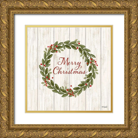 Merry Christmas Wreath    Gold Ornate Wood Framed Art Print with Double Matting by Sherrill, Kate