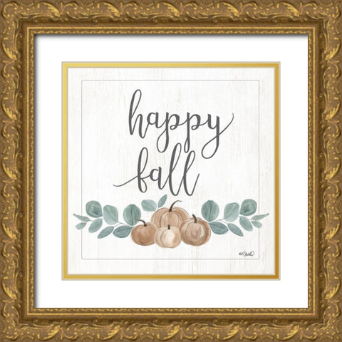 Eucalyptus Pumpkins Happy Fall Gold Ornate Wood Framed Art Print with Double Matting by Sherrill, Kate