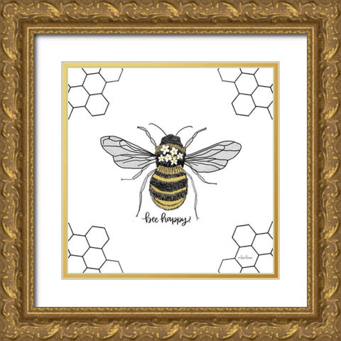 Bee Happy Gold Ornate Wood Framed Art Print with Double Matting by Larson, Lisa