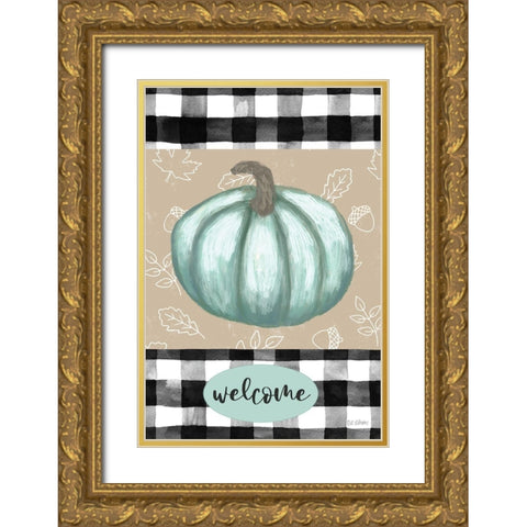 Welcome Blue Pumpkin Gold Ornate Wood Framed Art Print with Double Matting by Larson, Lisa