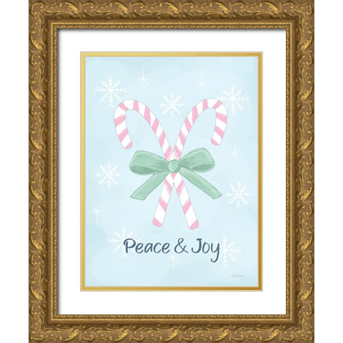 Peace And Joy Candy Canes Gold Ornate Wood Framed Art Print with Double Matting by Larson, Lisa
