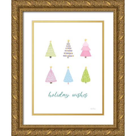Holiday Wishes Pastel Christmas Trees Gold Ornate Wood Framed Art Print with Double Matting by Larson, Lisa