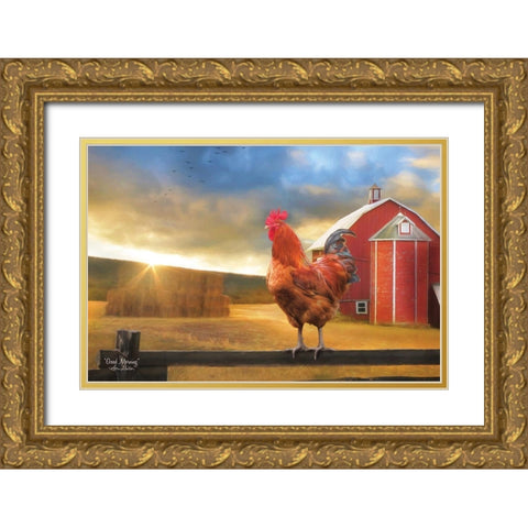 Good Morning Rooster Gold Ornate Wood Framed Art Print with Double Matting by Deiter, Lori