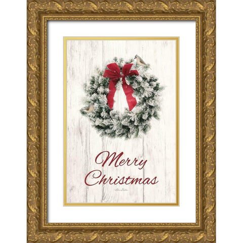 Titmouse Christmas Wreath   Gold Ornate Wood Framed Art Print with Double Matting by Deiter, Lori