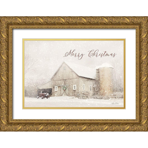 Merry Christmas Farm Gold Ornate Wood Framed Art Print with Double Matting by Deiter, Lori