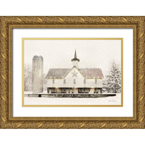 Christmas Star Barn with Lights Gold Ornate Wood Framed Art Print with Double Matting by Deiter, Lori