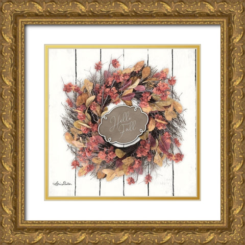Hello Fall Wreath Gold Ornate Wood Framed Art Print with Double Matting by Deiter, Lori