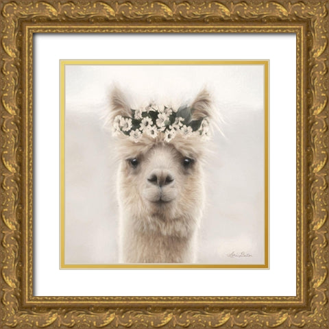 Alpaca with Flowers Gold Ornate Wood Framed Art Print with Double Matting by Deiter, Lori