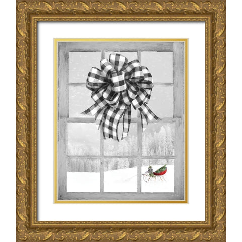 Christmas Sleigh with Bow Gold Ornate Wood Framed Art Print with Double Matting by Deiter, Lori