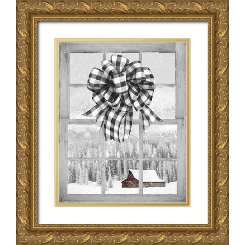 Christmas Barn with Bow Gold Ornate Wood Framed Art Print with Double Matting by Deiter, Lori