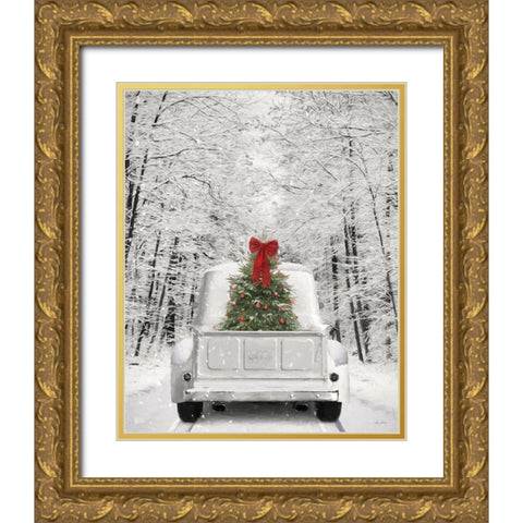 Snowy Drive in a White Ford Gold Ornate Wood Framed Art Print with Double Matting by Deiter, Lori