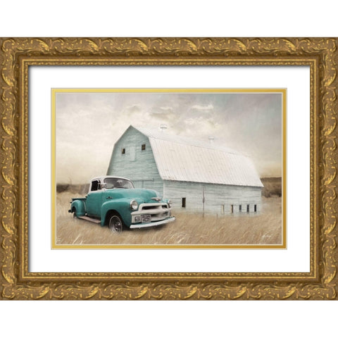 Teal Barn and Truck Gold Ornate Wood Framed Art Print with Double Matting by Deiter, Lori