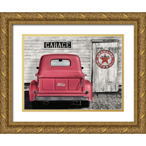 Red Truck with Texaco Sign Gold Ornate Wood Framed Art Print with Double Matting by Deiter, Lori