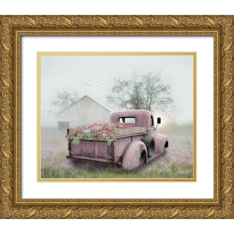Pink Flower Truck Gold Ornate Wood Framed Art Print with Double Matting by Deiter, Lori