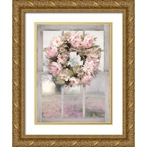 Spring Peony Wreath Gold Ornate Wood Framed Art Print with Double Matting by Deiter, Lori