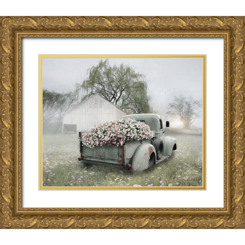 Sage Green Truck with  Blush Petunias    Gold Ornate Wood Framed Art Print with Double Matting by Deiter, Lori