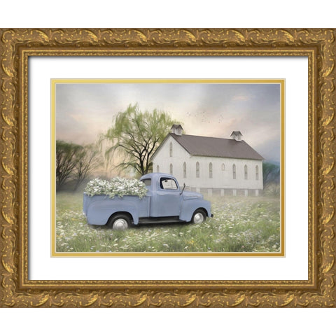 Blue Ford at Barn Gold Ornate Wood Framed Art Print with Double Matting by Deiter, Lori