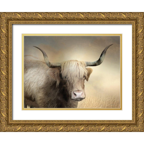 Highland Cow in Golden Grass Gold Ornate Wood Framed Art Print with Double Matting by Deiter, Lori