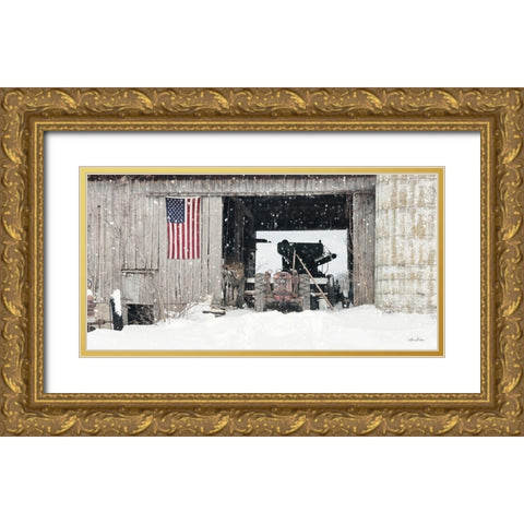 Winter at Patriotic Barn Gold Ornate Wood Framed Art Print with Double Matting by Deiter, Lori