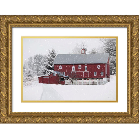 Winter Red Barn Gold Ornate Wood Framed Art Print with Double Matting by Deiter, Lori