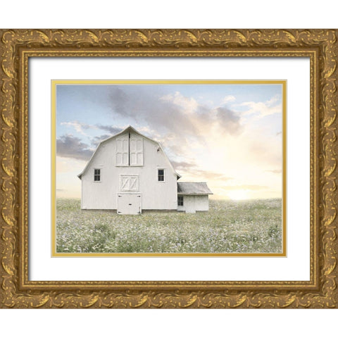 White Summer Barn Gold Ornate Wood Framed Art Print with Double Matting by Deiter, Lori