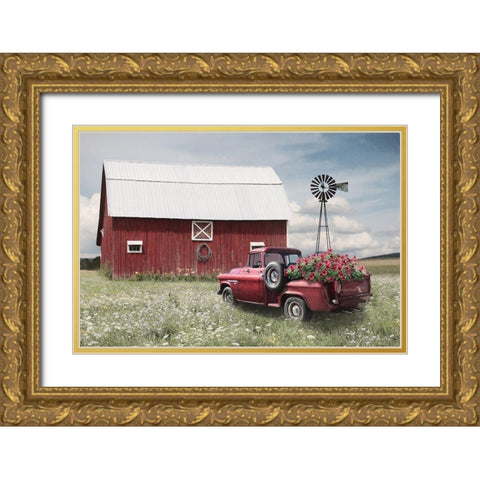Little Red Barn Gold Ornate Wood Framed Art Print with Double Matting by Deiter, Lori