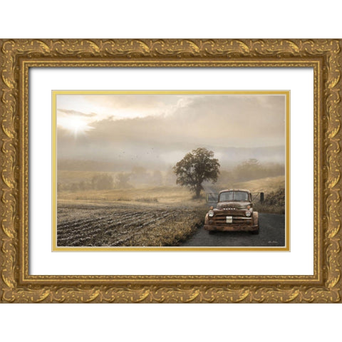 Golden Foggy Road Gold Ornate Wood Framed Art Print with Double Matting by Deiter, Lori