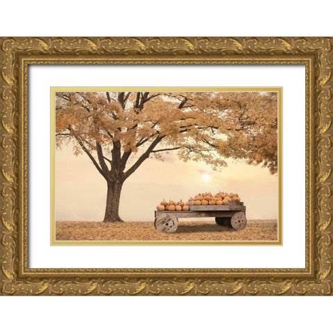 Autumn Leaves and Pumpkins Please Gold Ornate Wood Framed Art Print with Double Matting by Deiter, Lori